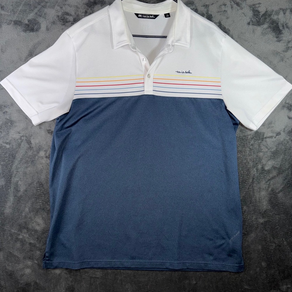 Mens XL TravisMathew Polo Shirt White Blue Excellent Colorblock Striped Golf